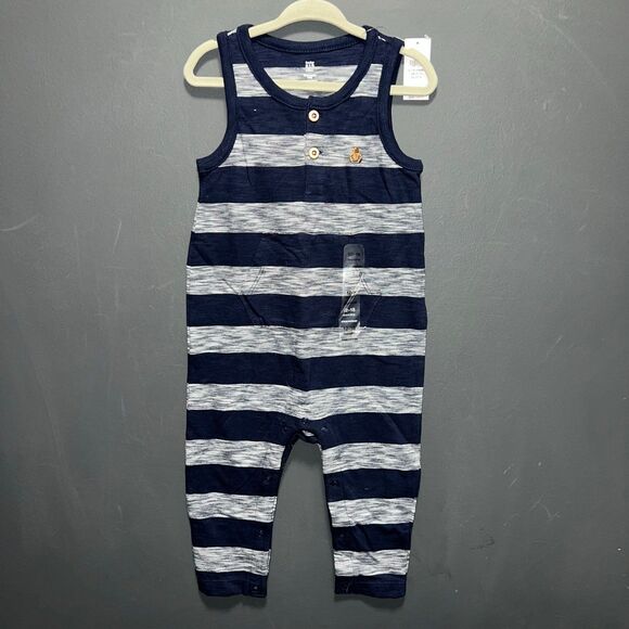 Baby GAP Longall Rompers Infants 12-18m Blue Gray Striped Sleeveless - Picture 1 of 10